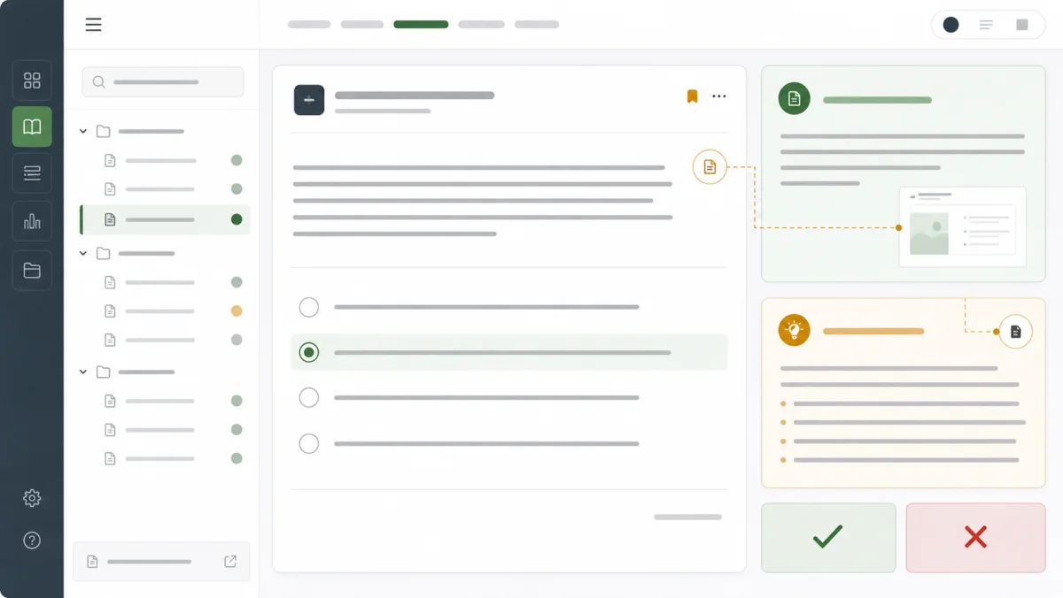 Conceptual interface with course-content questions, feedback guidance, and linked material