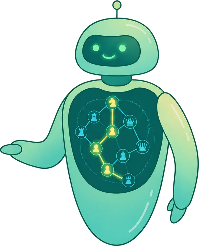 The recommender, drawn as a robot with a graph of chess lines lit up in its chest